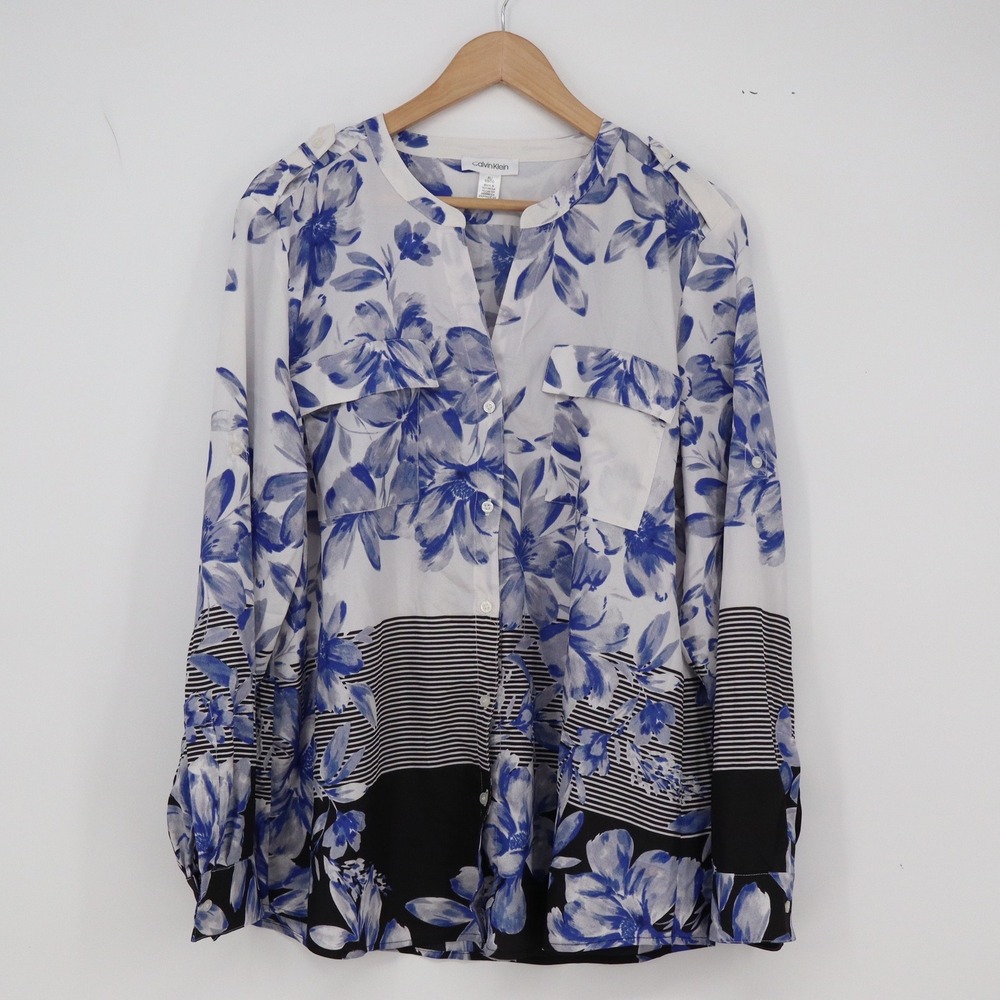 Calvin Klein Blouse Womens XL Blue Floral Striped Button-Down Exc